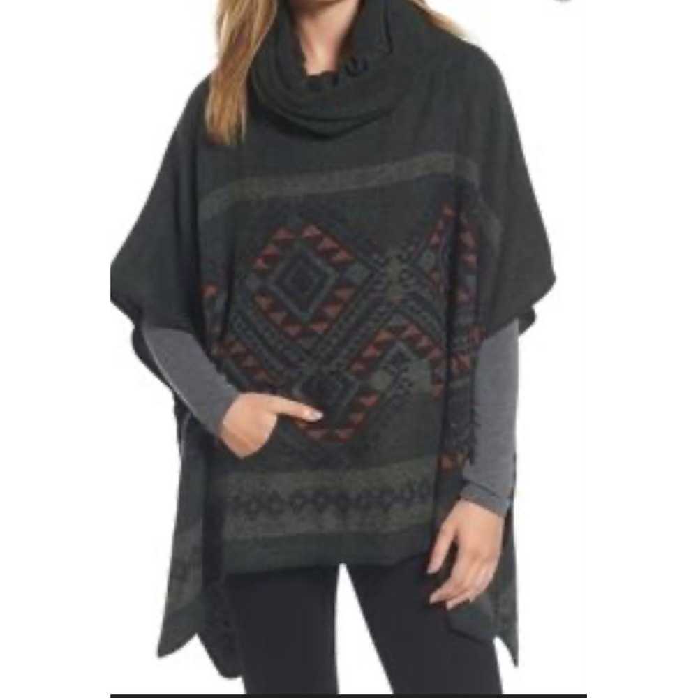 Steve Madden Womens Cowl Neck Geometric Poncho‎ Charcoal Grey OSFM New